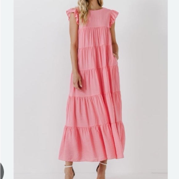 English Factory Dresses & Skirts - English Factory Pink Tiered Maxi Dress with Tie Neck